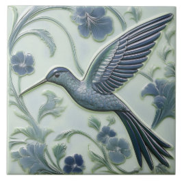 Blå och mintfaux relief Art nouveau Hummingbird L Kakelplatta