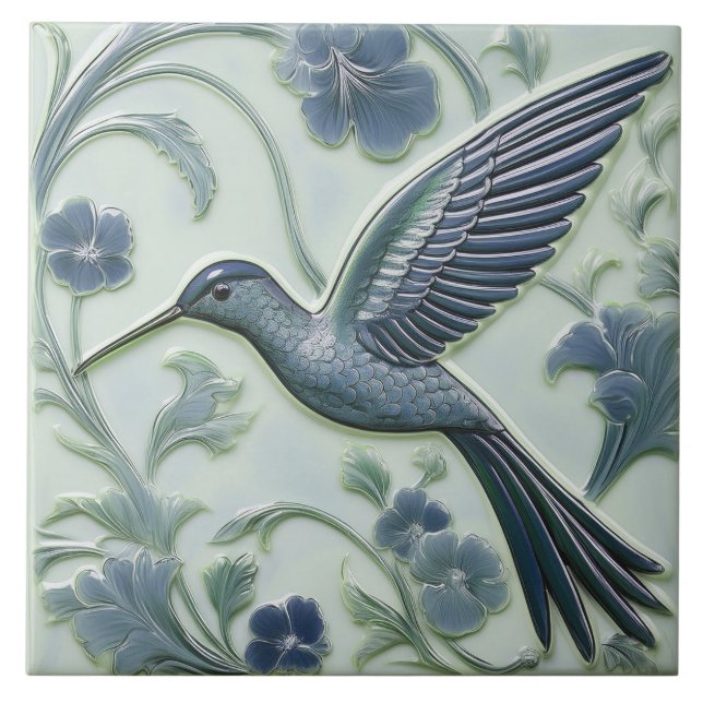 Blå och mintfaux relief Art nouveau Hummingbird L Kakelplatta (Framsidan)