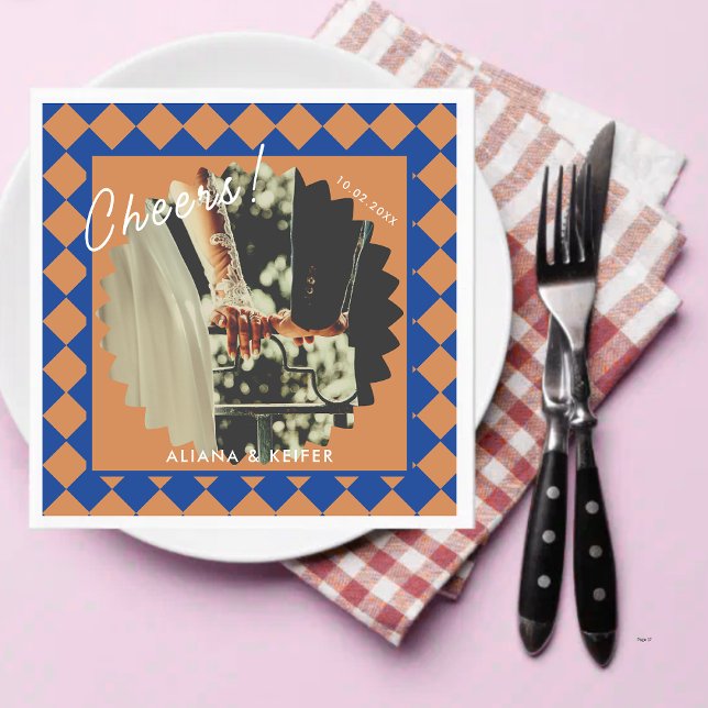 Blå och mustard Retro Facts Roligt Facts Bröllop Pappersservett (Skapare uppladdad)