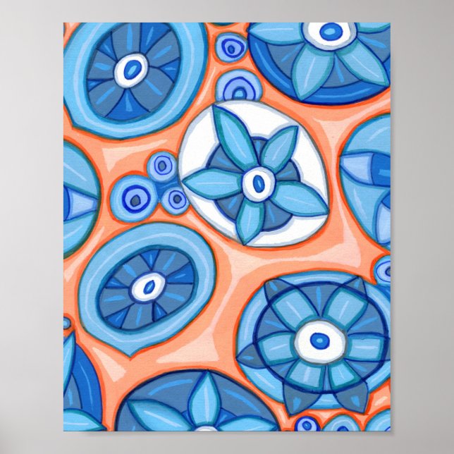 Blå och Orange Abstrakt Blommor Originalmålning Poster (Framsidan)