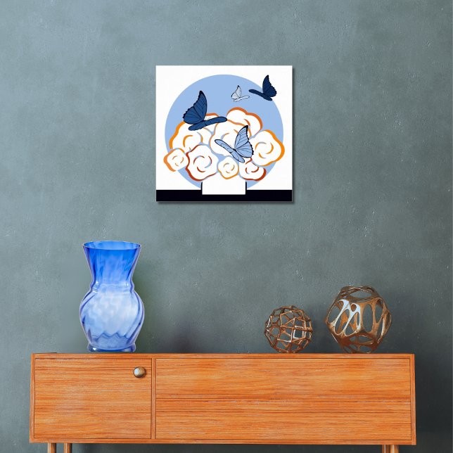 Blå och Orange Bouquet & Butterflies Square Poster (Blue & Orange Bouquet & Butterflies Square Poster, Entryway)