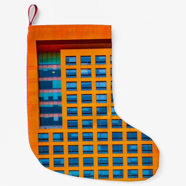 Blå och orange byggnad liten julstrumpa (Framsidan)