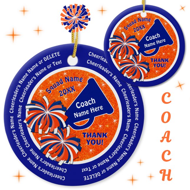 Blå och Orange, Cheerleading Coach Ornamenter Julgransprydnad Keramik (Gift ideas for cheer coaches. Cheer coach Christmas gifts. Cheer coach ornament. Orange, Blue, White)
