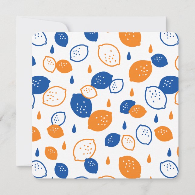 Blå och orange citronmönster lekfullt frukt-tema inbjudningar (Framsida)