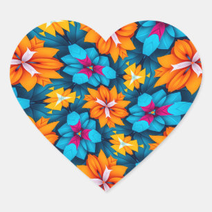 Blå och Orange Flowers Mönster Hjärtformat Klistermärke