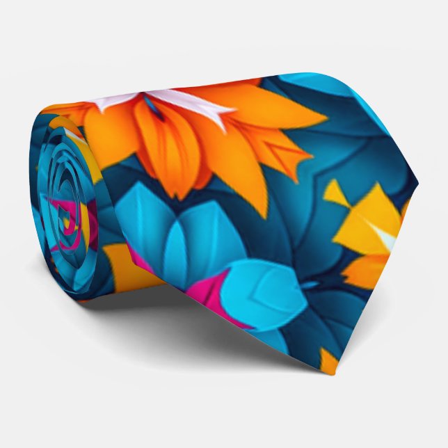 Blå och Orange Flowers Mönster Neck Tie Slips (Rullad)