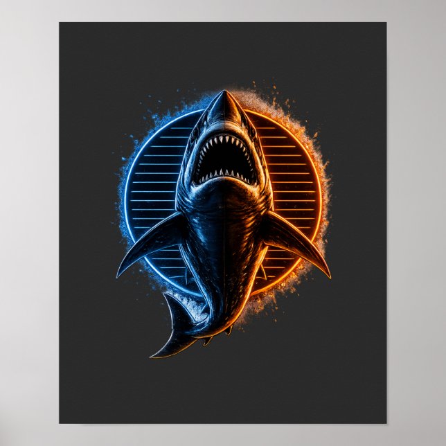 Blå och orange haj grafisk t-shirt design | Vild Poster (Framsidan)