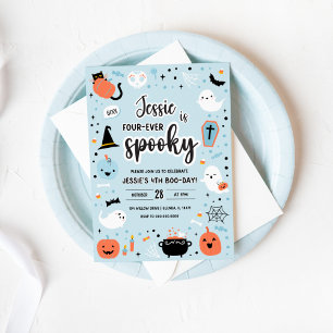 Blå och Orange Halloween 4-års födelsedagsinbjudan Inbjudningar