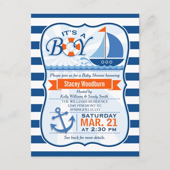 Blå och Orange Nautical Baby Shower Inbjudan Vykort (Framsida)