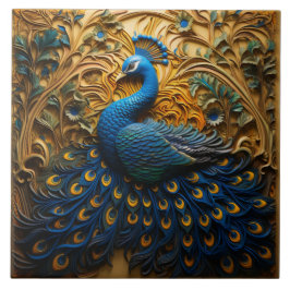 Blå och Orange Peacock, gyllene bakgrund Kakelplatta
