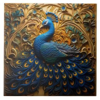 Blå och Orange Peacock, gyllene bakgrund Kakelplatta