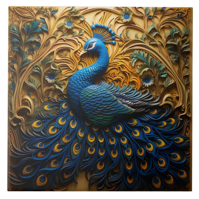 Blå och Orange Peacock, gyllene bakgrund Kakelplatta (Framsidan)