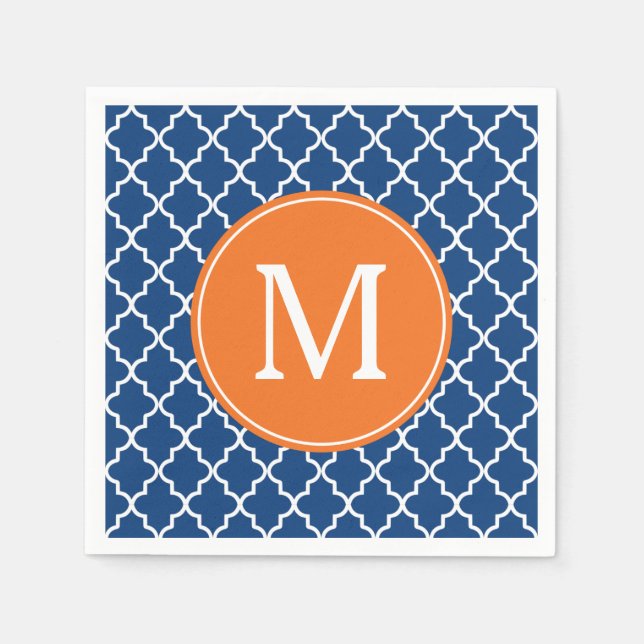 Blå och Orange Quatrefoil Monogram Pappersservett (Framsidan)