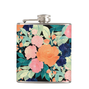 Blå och Orange, Rosa, Blommigt, färgsvart design Fickplunta