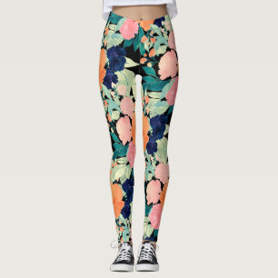 Blå och Orange, Rosa, Blommigt, färgsvart design Leggings
