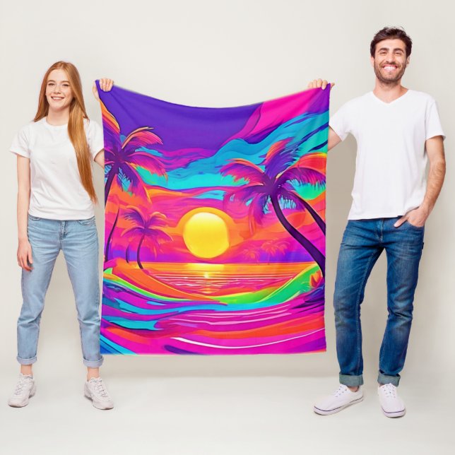 Blå och Orange Solnedgång Fleecefilt (På plats)