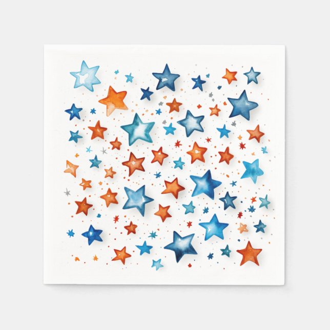 Blå och orange stjärnor: Födelsedagsfest Napkins Pappersservett (Framsidan)