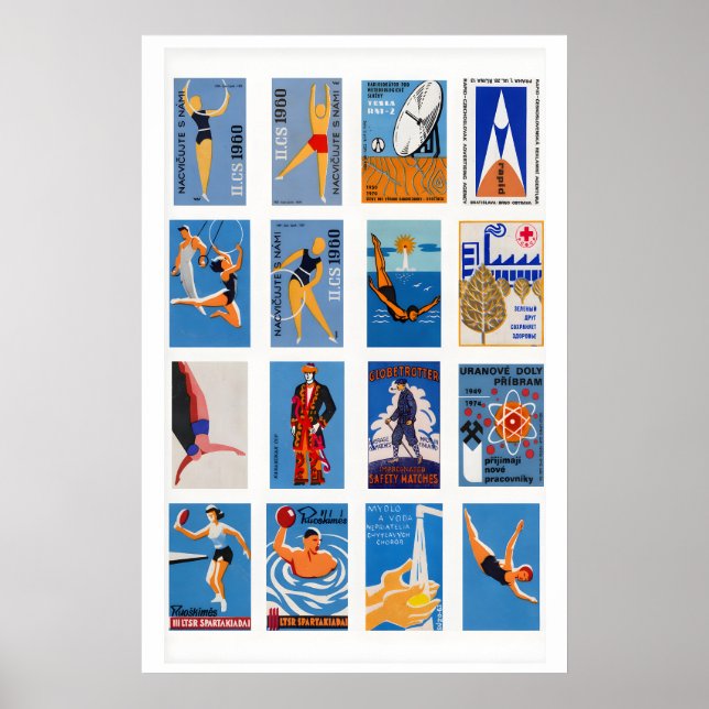 Blå och orange tändsticksask etikett collage, livf poster (Framsidan)