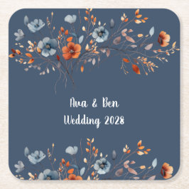 Blå och Orange Wildblommor Bröllop Underlägg Papper Kvadrat