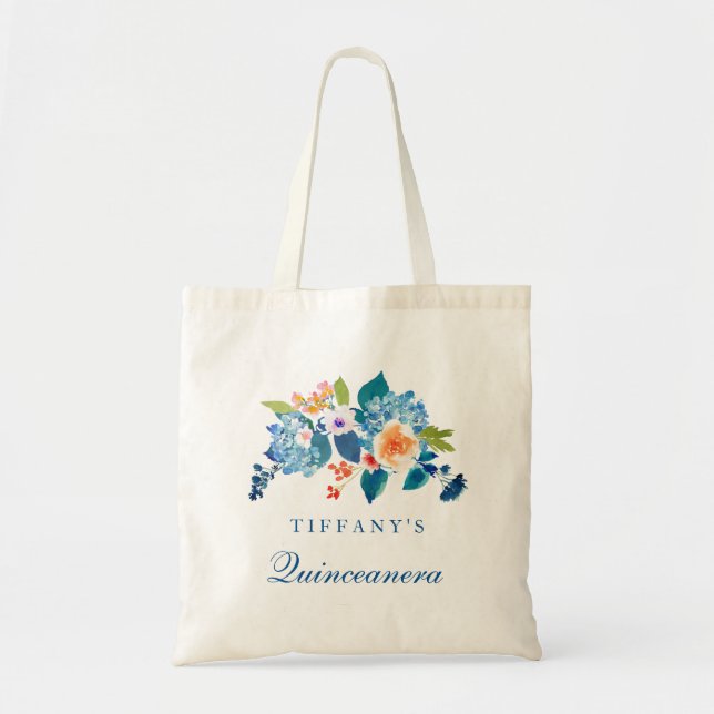 Blå och persika Blommigt Quinceanera Tote Bag Tygkasse (Framsidan)