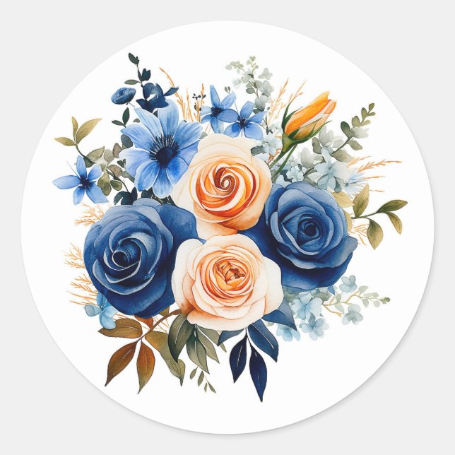 Blå och persikofärgad Blommigt Bröllop Runt Klistermärke (Framsida)