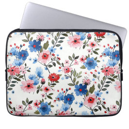 Blå och röd blommig laptop fodral