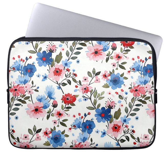 Blå och röd blommig laptop fodral (Framsidan)