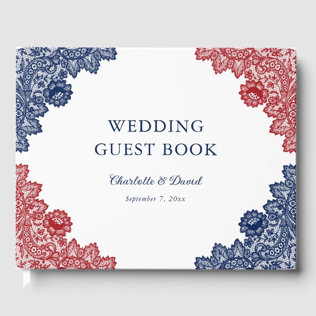 Blå och röd Blommigt Snöre Bröllop Gästböcker (Framsida)