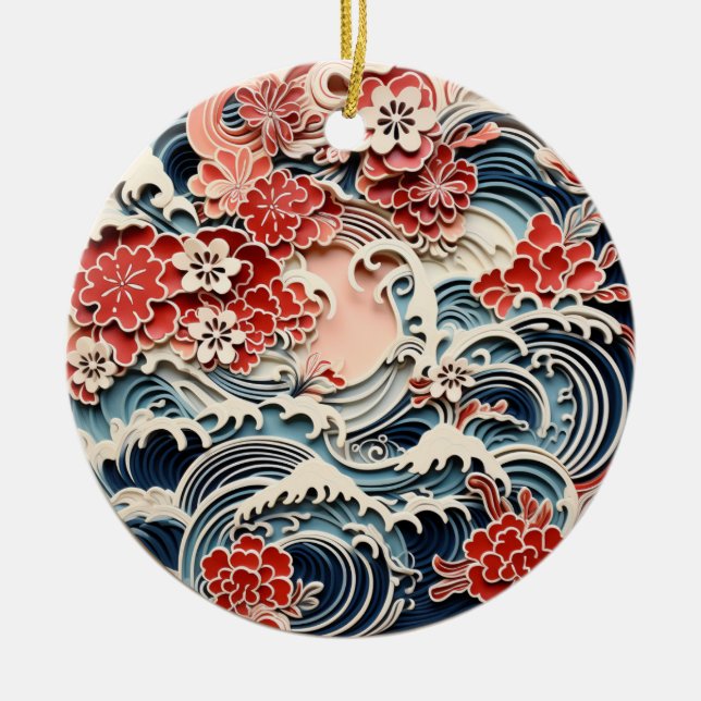 Blå och röd Chiyogami Ornament (Framsidan)