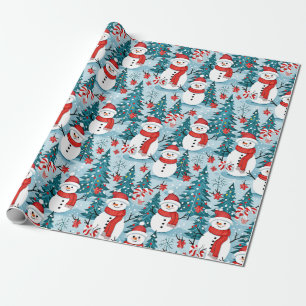 Blå och röd jul-Snögubbar Presentpapper