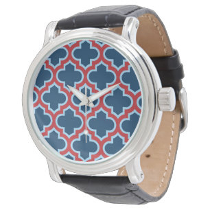 Blå och röd marockansk galler, gitter, quatrefoil armbandsur