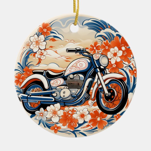 Blå och röd motorcykel Chiyogami Ornament (Framsidan)