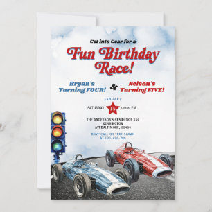 Blå och röd Retro Tävla Cars Syskon Birthday Inbjudningar
