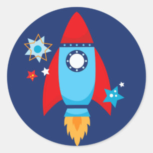 Blå och röd Rocket Rymden-stift Runt Klistermärke