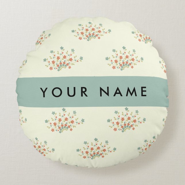 Blå och röda blommor, blå, ditt namn rund kudde (Framsidan)