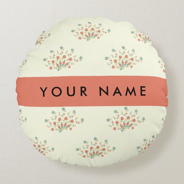 Blå och Röda blommor, Röd, ditt namn Rund Kudde (Framsidan)