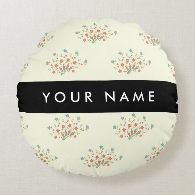 Blå och röda blommor, svart, ditt namn rund kudde (Framsidan)