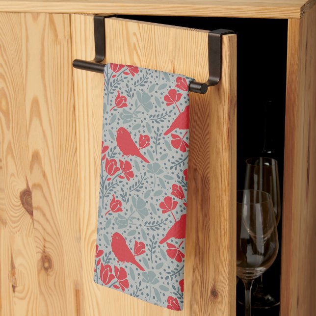 Blå och röda småblommiga fåglar kökshandduk (Thirds Fold)