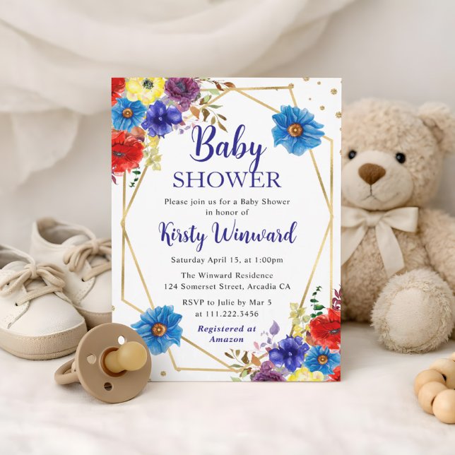 Blå och röda sommarblommor ram baby shower inbjudningar (Skapare uppladdad)