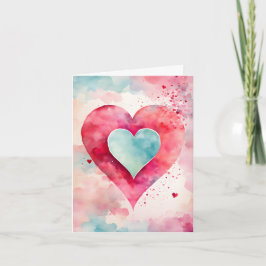 Blå och Röda vattenfärghjärter Valentine Helgkort