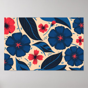 Blå- och rödblommor, med Mörk blått Löv Poster