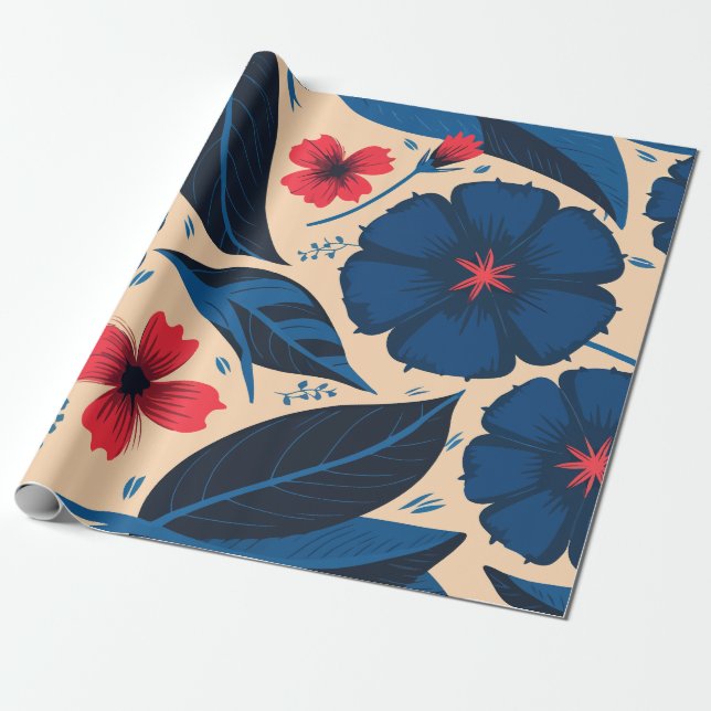 Blå- och rödblommor, med Mörk blått Löv Presentpapper (Utrullad)