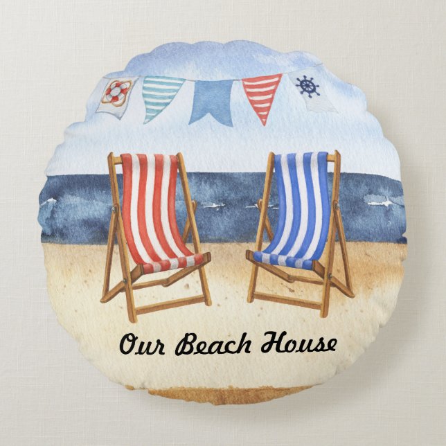 Blå och rödstrimlade persikostolar rund kudde (Framsidan)