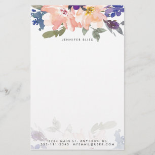 Blå och rosa akvarell blommande personlig  brevpapper