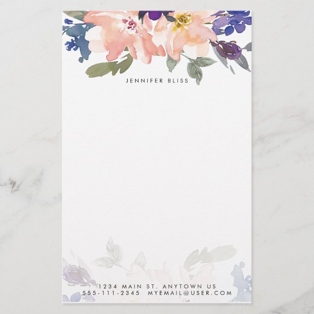 Blå och rosa akvarell blommande personlig  brevpapper (Framsida)