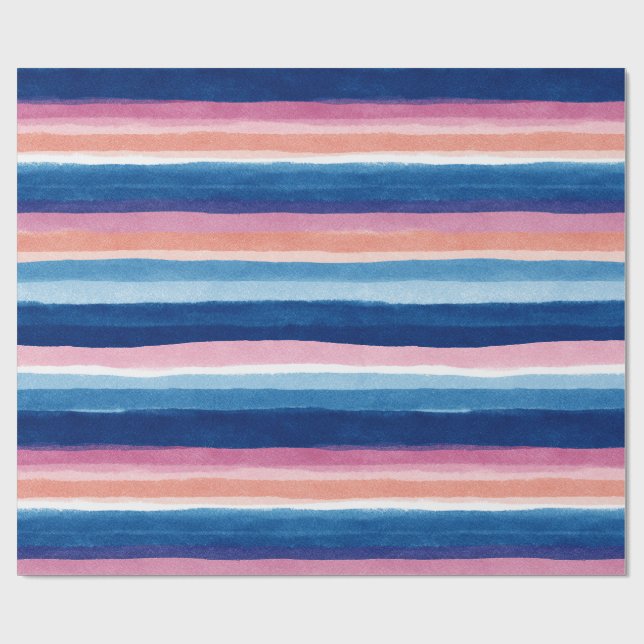 Blå och rosa akvarell kustremsor presentpapper (Platt)