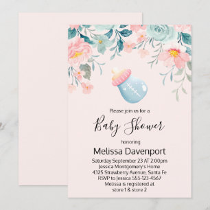 Blå och Rosa Baby Flaska med blommor Babykläder Inbjudningar