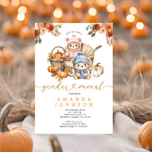 Blå och Rosa Bears Barnvagn Pumpkin Gender Reveal Inbjudningar
