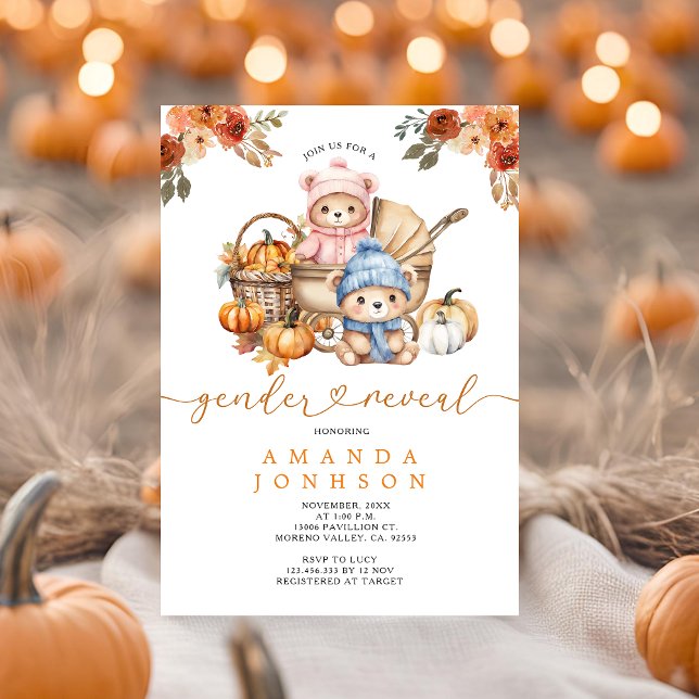 Blå och Rosa Bears Barnvagn Pumpkin Gender Reveal Inbjudningar (Skapare uppladdad)