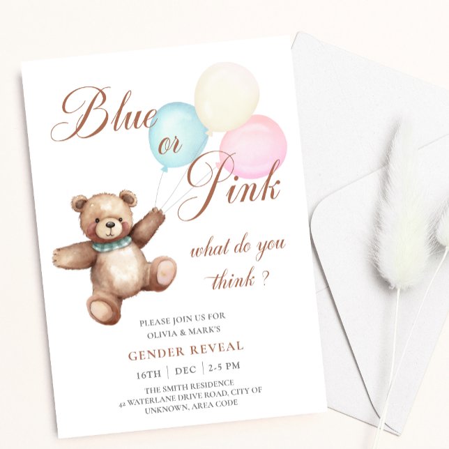 Blå och Rosa Blegon Bear Baby Gender Reveal Inbjudningar (Skapare uppladdad)